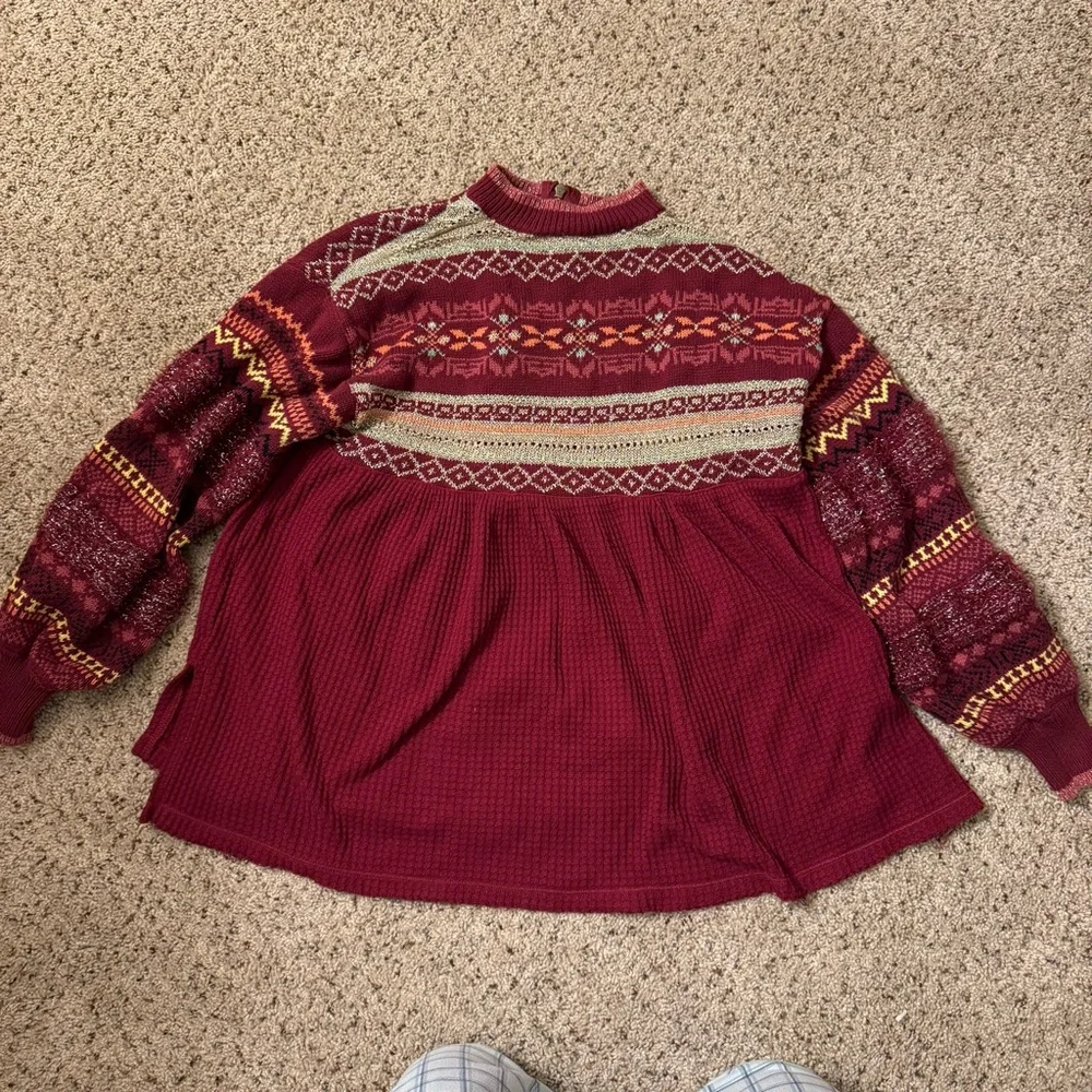 Free People Fair Isle Balloon Sleeve Babydoll Top Oversized Size XS - Picture 11 of 11